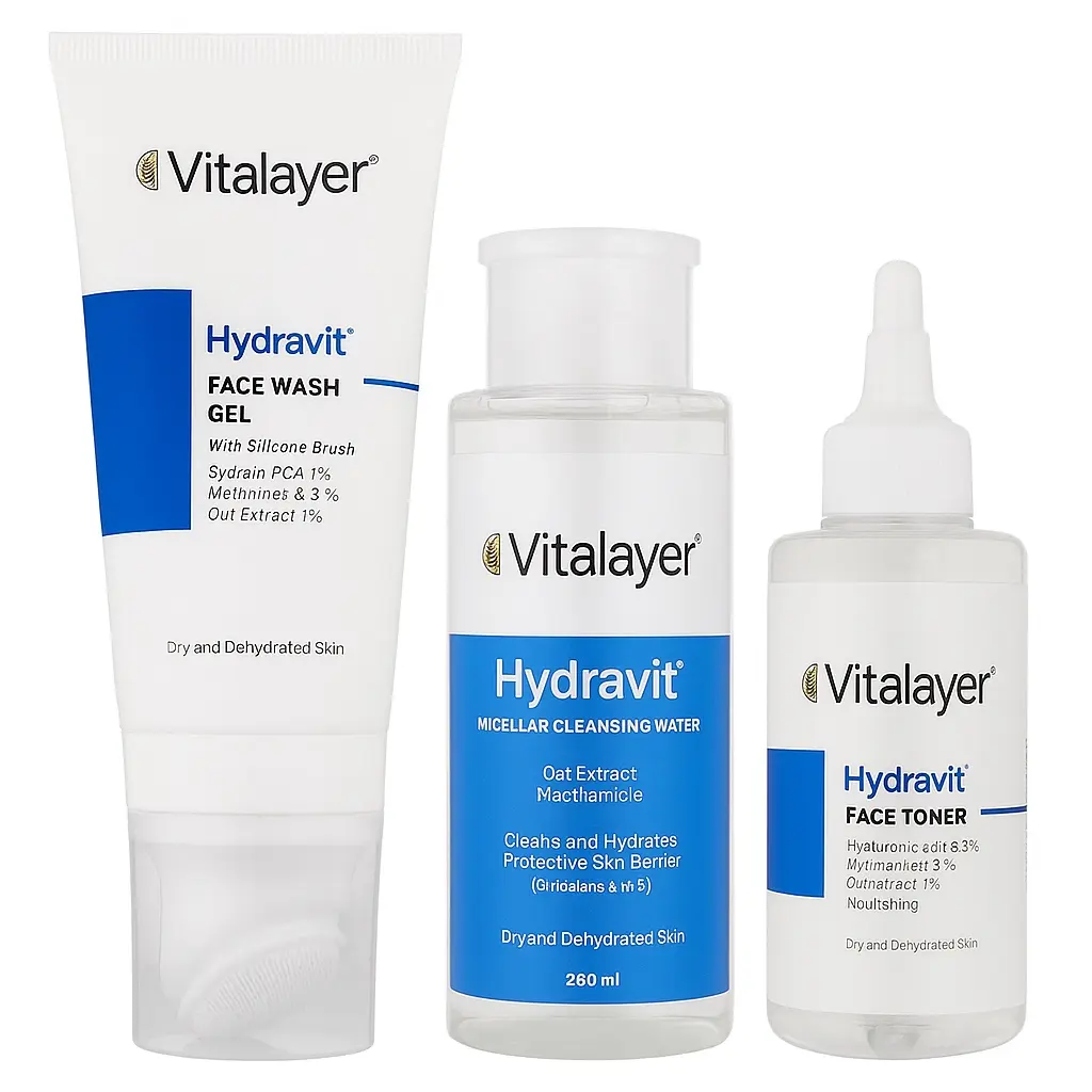 پکیج ویتالایر (۱۰% تخفیف) ژل شستشو، میسلار واتر و تونر Hydravit سری آبی